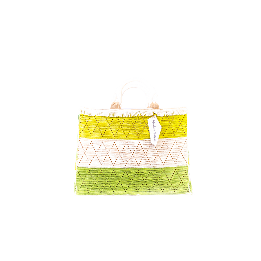 Ordinata ed elegante, questa Tote bag di produzione artigianale esprime il movimento tramite figure geometriche ed un punto ondulato. I suoi manici bianchi permettono di indossarla come borsa a mano; La sua tracolla rimovibile, invece, permette di portare la borsa a spalla. Di manifattura artigianale, prodotta in Italia.